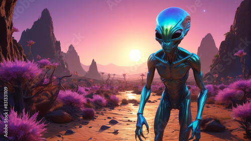 Amidst the Extraterrestrial Menagerie, alien creatures with iridescent scales and multiple limbs roam vast, surreal landscapes under the glow of alien suns, Generative AI photo