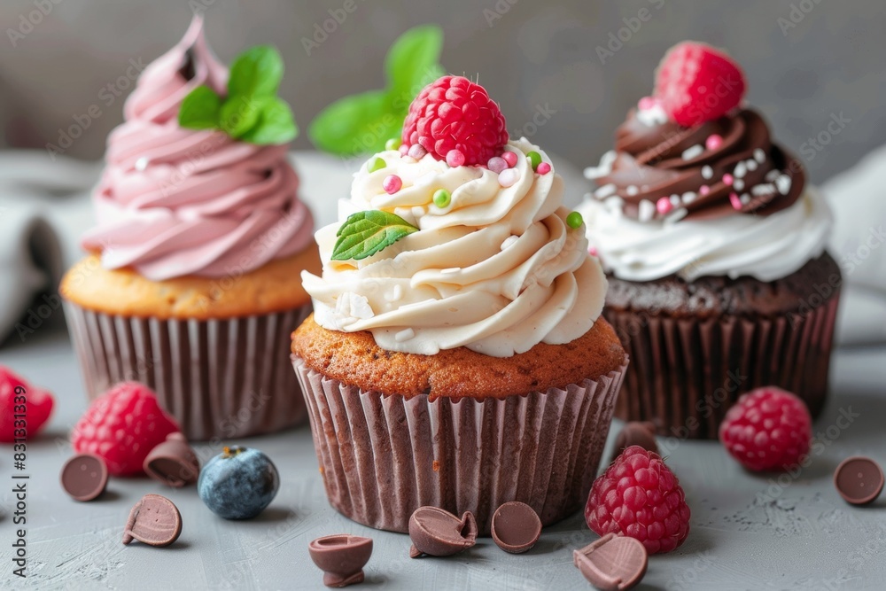 Delicious Cupcakes With Frosting And Raspberries On a Gray Background, Closeup, Confectionery Advertising Concept Delicious Cupcakes With Frosting And Raspberries On a Gray Background, Closeup, Confectionery Advertising Concept