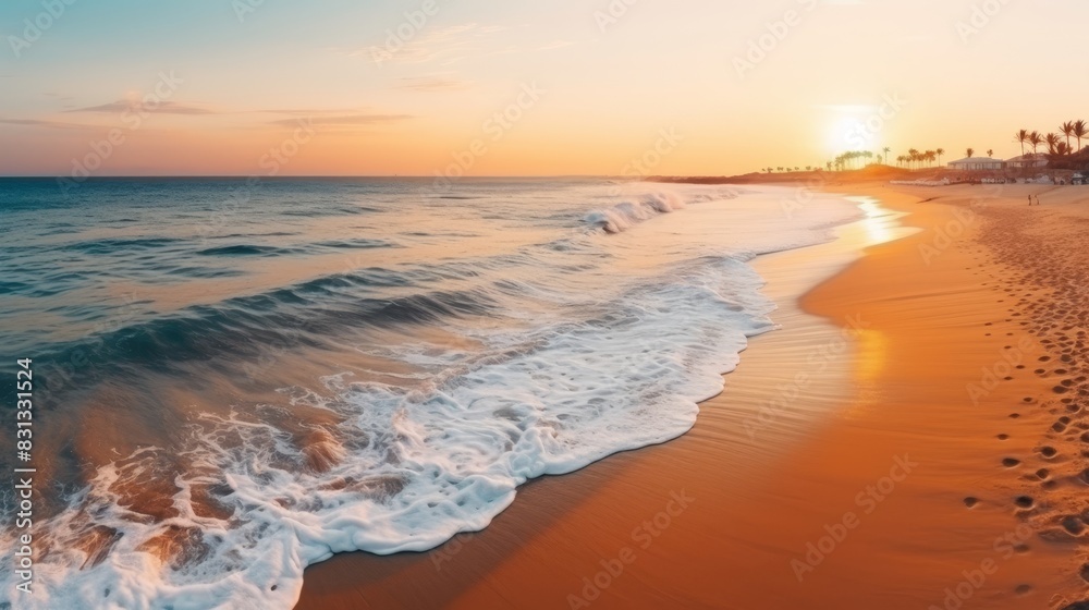 Golden sandy paradise beach panorama with blurred palm leaves, perfect summer banner view Golden sandy paradise beach panorama with blurred palm leaves, perfect summer banner view
