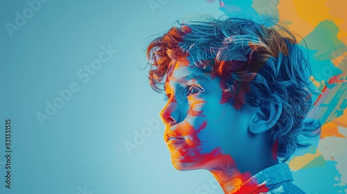 Back to school banner with partial view of a young boys head, blue background, digital illustration, vibrant colors, modern and playful photo