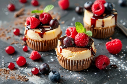 Mini White Chocolate Cheesecakes With Raspberries On Top Arranged On A Tray, Closeup, Confectionery Advertising Concept