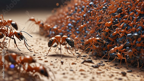 Amidst the Hive of the Ant Queen, diligent workers scurry about, tending to the needs of their bustling colony, Generative AI photo