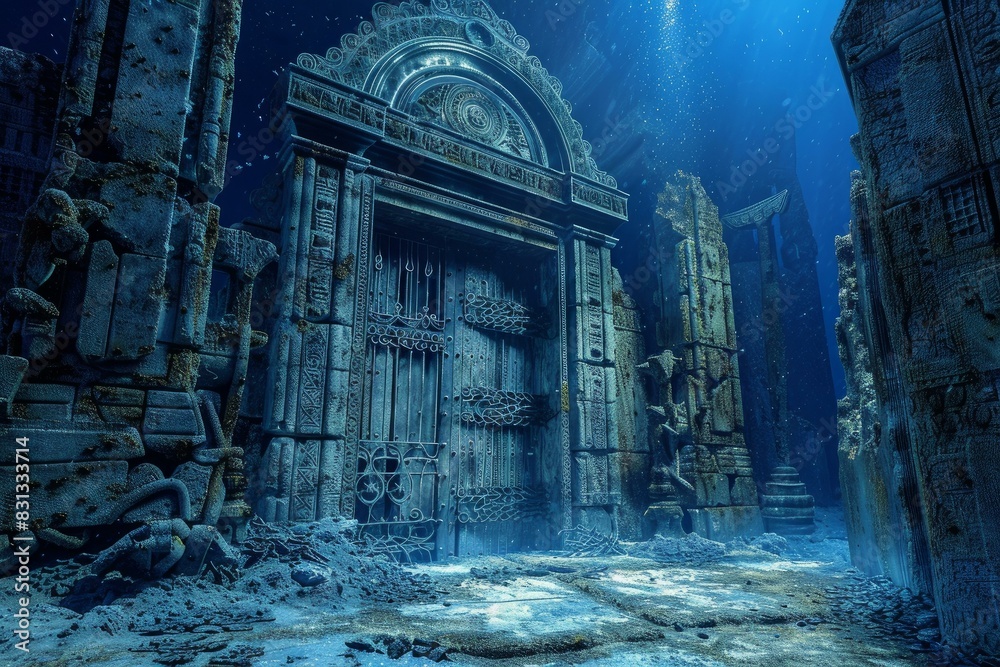 Exploring the mysterious and eerie sunken city, ancient ruins of an ornate underwater world filled with mythical marine life and historic temple architecture Exploring the mysterious and eerie sunken city, ancient ruins of an ornate underwater world filled with mythical marine life and historic temple architecture