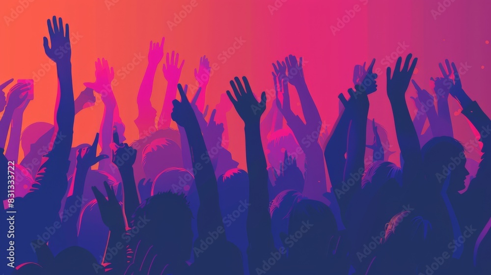 Hands raised in celebration at a dynamic music festival. Diverse crowd enjoying a live concert with vibrant colors and energetic atmosphere. Great for themes of unity and celebration. Hands raised in celebration at a dynamic music festival. Diverse crowd enjoying a live concert with vibrant colors and energetic atmosphere. Great for themes of unity and celebration.