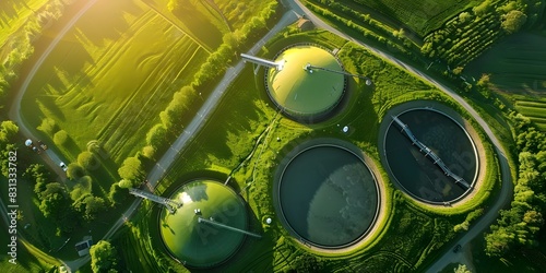 Aerial view of green biogas storage tank in modern agricultural setting. Concept Aerial Photography, Biogas Technology, Agricultural Innovation, Green Energy, Sustainable Farming