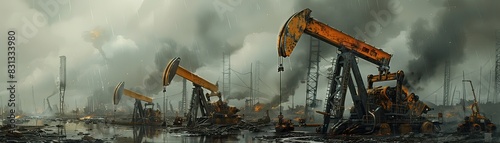 Robots extracting oil in a war-torn landscape, dystopian future, dark and gritty, detailed machinery photo