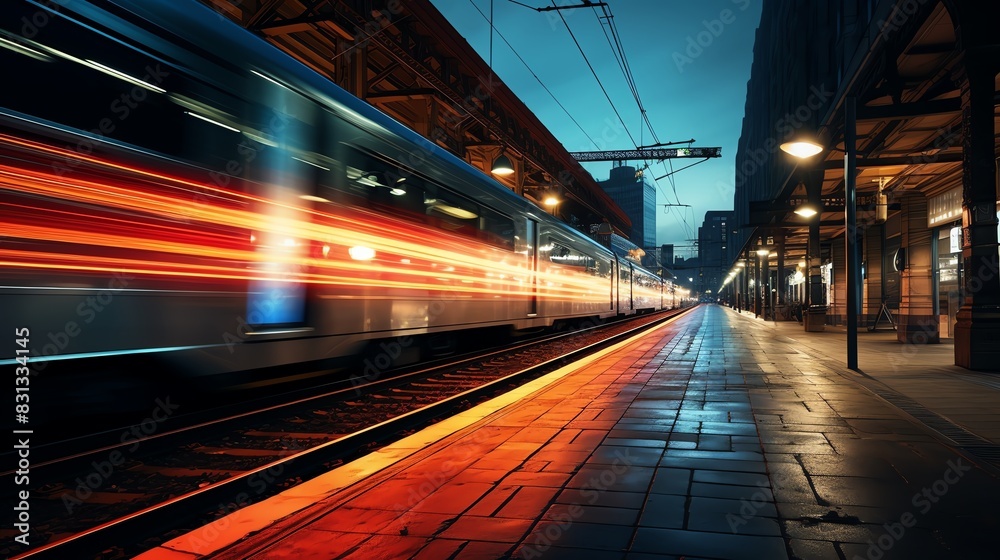 A train speeds through a station at night, leaving a trail of light. A train speeds through a station at night, leaving a trail of light.