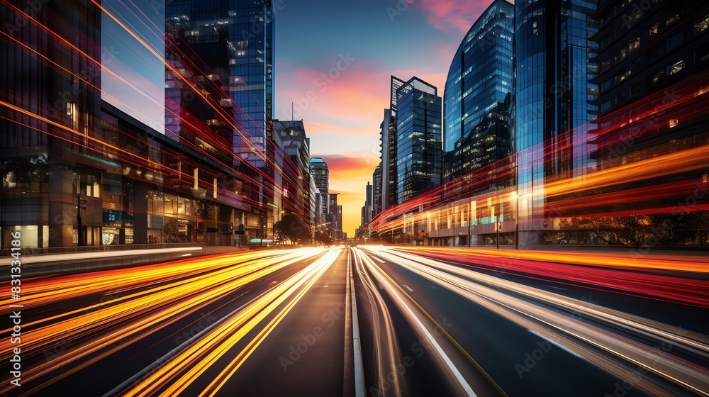 Fototapeta premium Cityscape with long exposure light trails at sunset