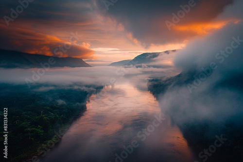The warm glow of sunset dramatically illuminates the mist rising from a serenely winding river photo