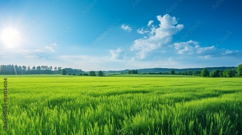 Sunny day lush green field under blue sky with fluffy clouds, a vibrant summer landscape Sunny day lush green field under blue sky with fluffy clouds, a vibrant summer landscape