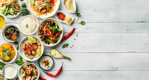 Colorful Asian food on white wooden background, top view mockup