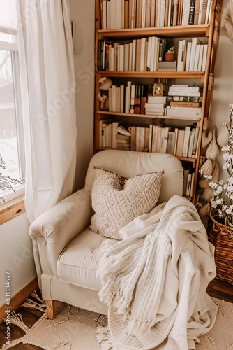 Inviting and snug reading corner adorned with a comfortable armchair and stocked bookshelves photo