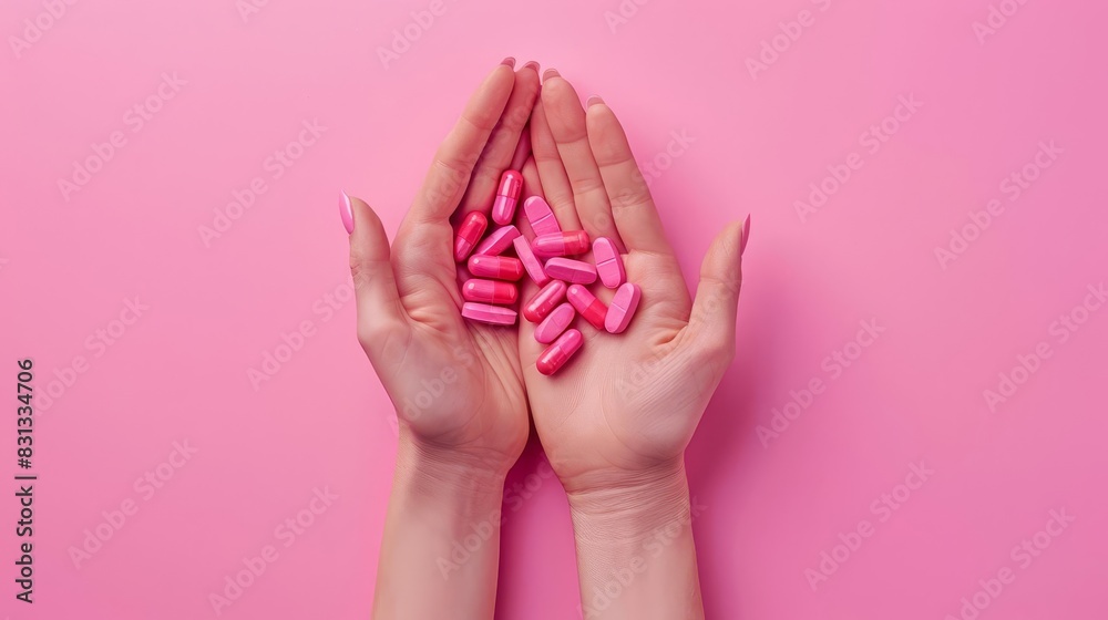 pink capsule pills in female hand on vibrant pink background womens health concept pink capsule pills in female hand on vibrant pink background womens health concept