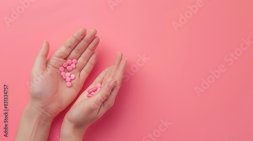 pink capsule pills in female hand on vibrant pink background womens health concept