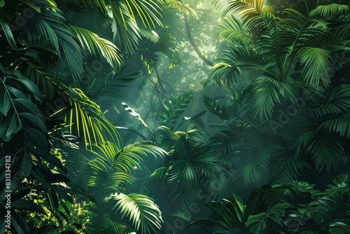 Serene and untouched enchanted tropical forest scene with vibrant greenery. Lush foliage. And sunlight rays creating a peaceful and mysterious natural environment
