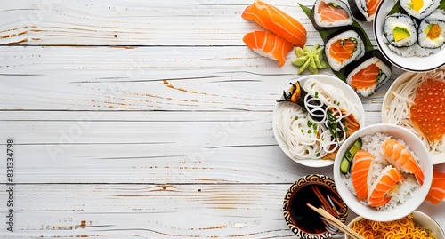 Wallpaper Mural Colorful Asian Food Flat Lay on White Wooden Background Torontodigital.ca