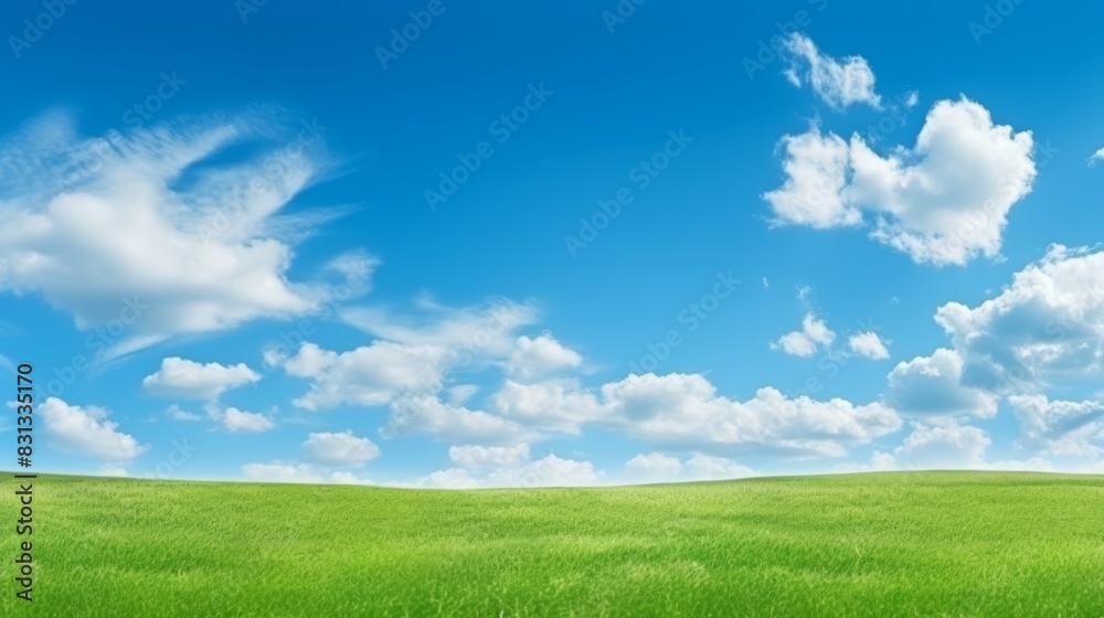 Vivid summer scenery lush green field, clear blue sky, and fluffy white clouds on the horizon Vivid summer scenery lush green field, clear blue sky, and fluffy white clouds on the horizon