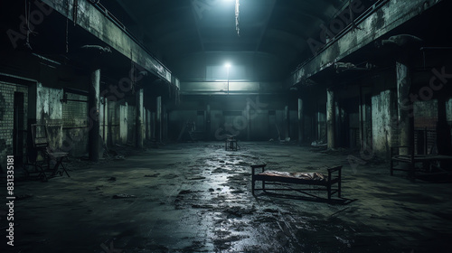 A dimly lit, dirty, abandoned warehouse with a single cot in the center.

 photo