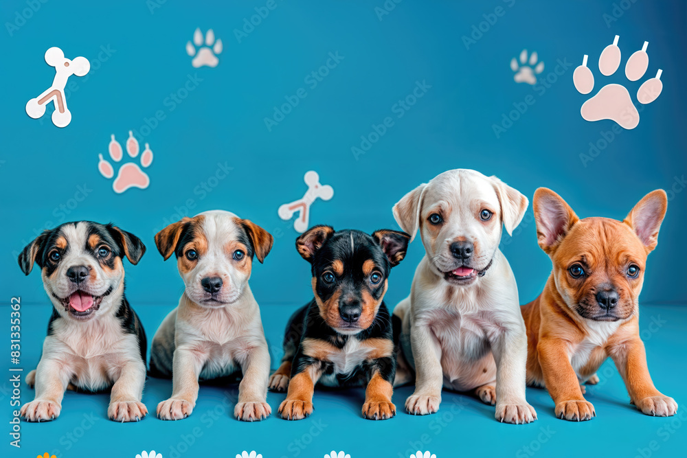 Five adorable puppies sitting in a row against a blue background.