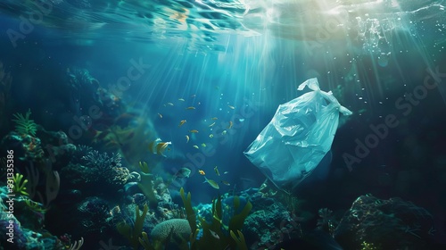 plastic pollution in ocean discarded bag floating amidst marine life environmental awareness concept ai generated artwork photo