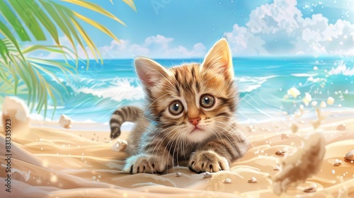 playful tabby kitten enjoying summer vacation on sandy beach whimsical animal illustration © Jelena