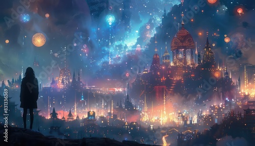A fantasy festival with glowing orbs and ethereal light displays, characters in elaborate costumes, magical and surreal, vibrant colors, illustration style, photo