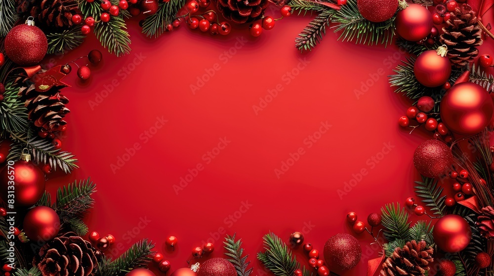 Festive Christmas card frame adorned with red decorations Festive Christmas card frame adorned with red decorations