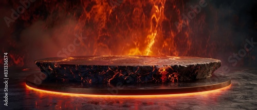 volcano podium Giving an exclusive, powerful style with a design that makes the product stand out. Emphasizes the wonder and fascination of volcanic eruptions and the flow of lava or magma. 3d render, photo