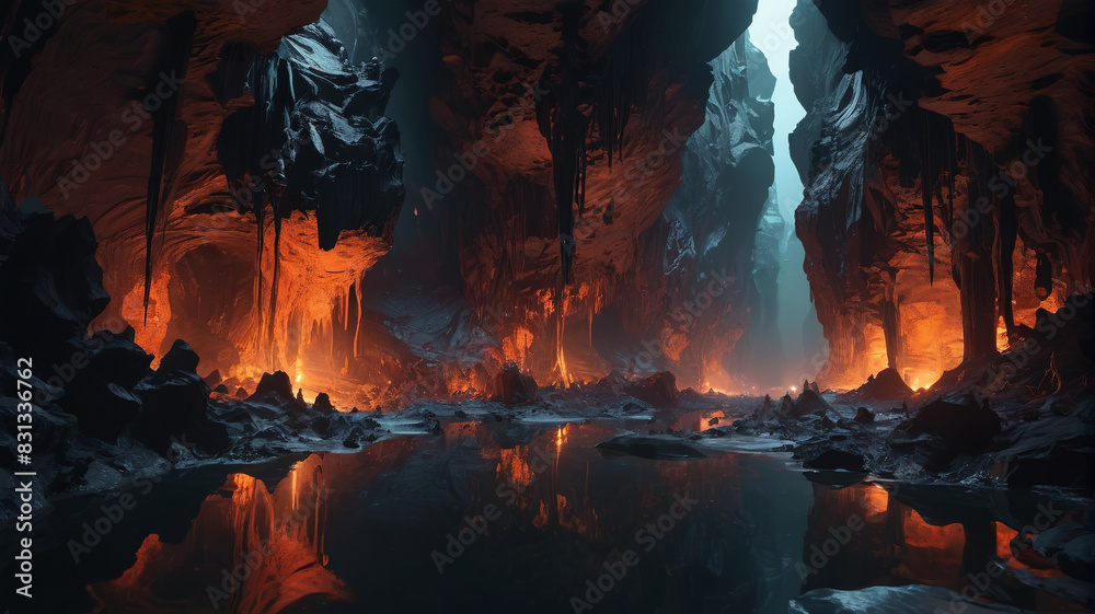 Fototapeta premium Within the Depths of the Underworld, molten rivers flow beneath obsidian cliffs, illuminating caverns where the souls of the departed wander, Generative AI