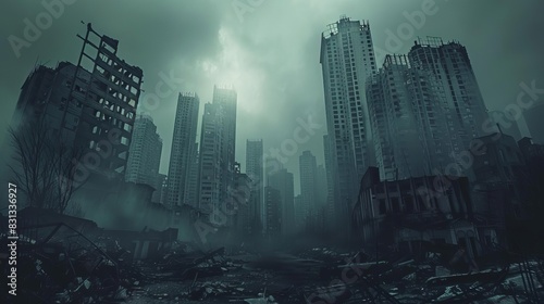 postapocalyptic cityscape with dark gloomy atmosphere and abandoned buildings dramatic science fiction concept art photo
