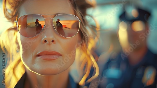 Policewoman with reflective sunglasses and abstract police in the background.