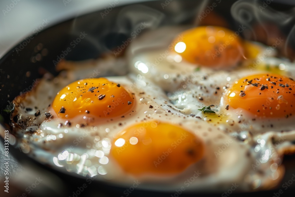 Close-Up of Four Fried Eggs in a Pan with Seasoning Close-Up of Four Fried Eggs in a Pan with Seasoning