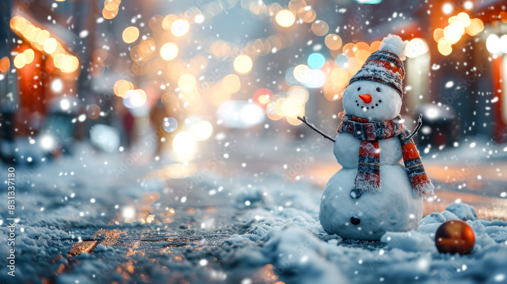 Naklejka premium Happy Snowman in Winter a Secession Wallpaper Digital Art Magazine Background Poster Card