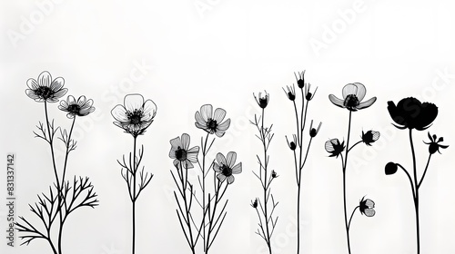 Black silhouettes of flowers stand out dramatically against a clean white background.