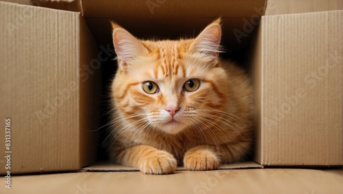 An orange tabby cat with piercing eyes lounges inside a cardboard box, highlighting its playful and relaxed demeanor in a cozy indoor environment.
