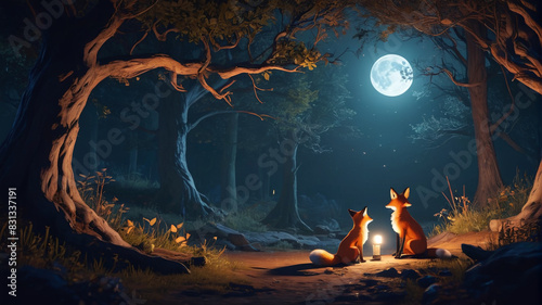 Within the Fox's Den, cunning tales are whispered amidst shadows cast by moonlight, Generative AI photo