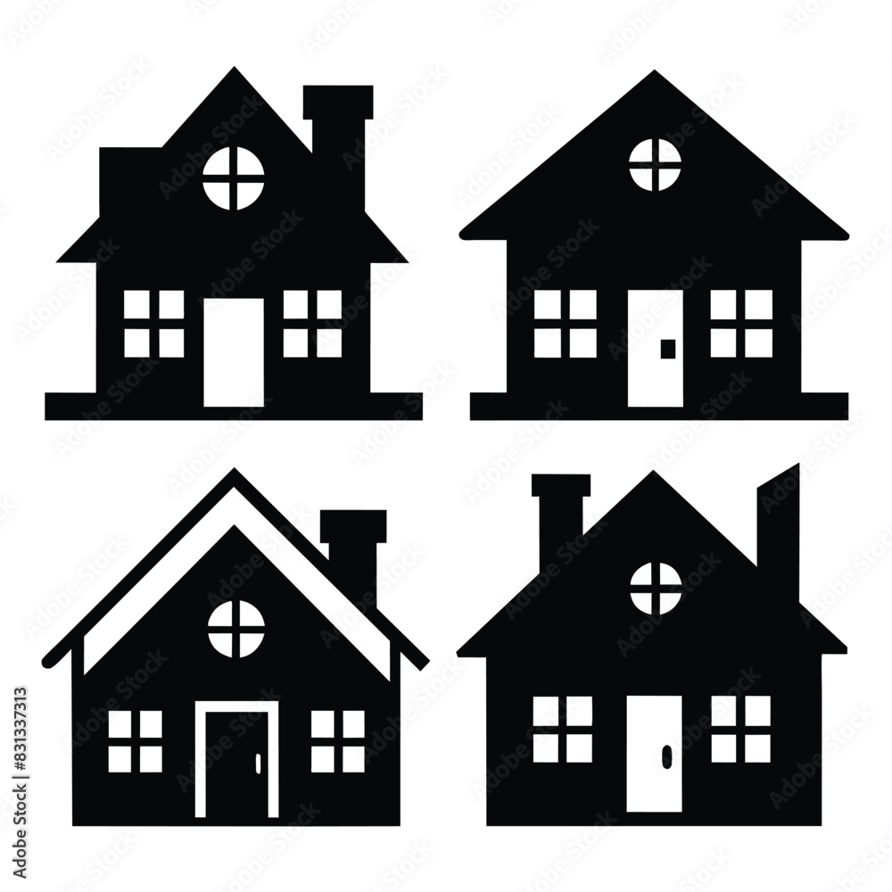 Set of Two store cottage different style icon black vector on white background