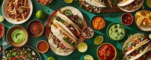 A bird's-eye perspective capturing a spread of authentic Mexican tacos, complete with a variety of salsas and toppings. photo