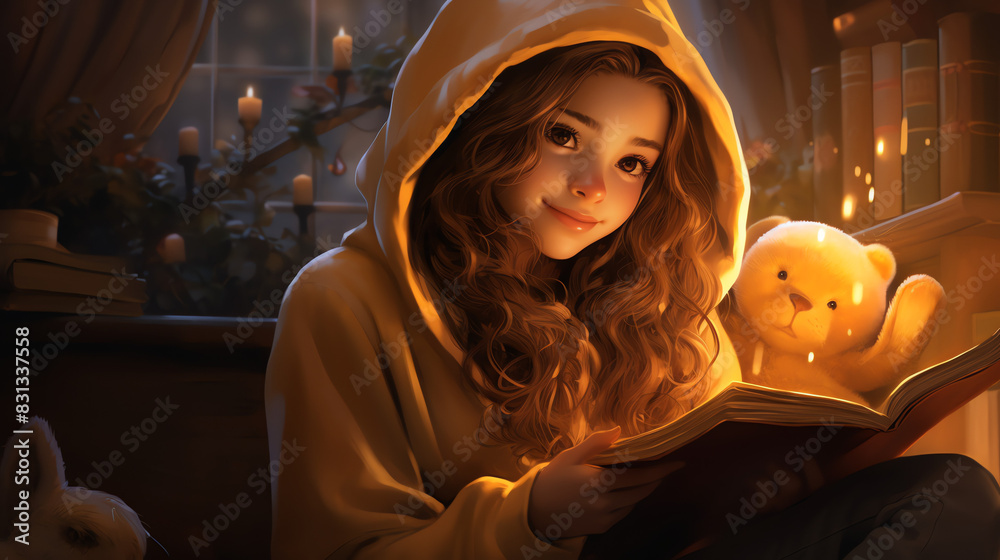 A young woman with long brown hair is reading a book in bed. She has a cat curled up next to her. The background is a warm, glowing light.

