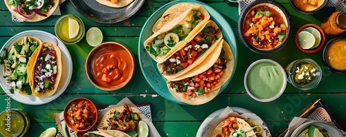  - A table brimming with colorful Mexican tacos, accompanied by an array of flavorful side dishes and sauces.