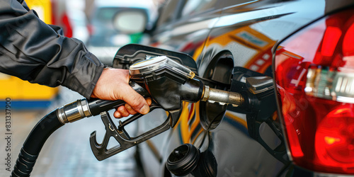 Hand holding a fuel pump nozzle, filling up a car.