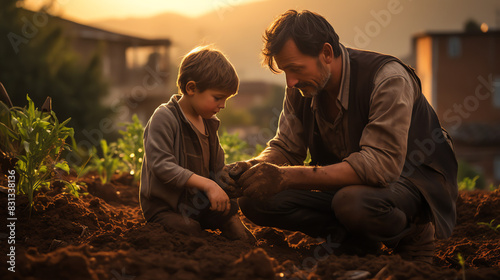 A sepia toned image of a father and son planting crops in a field.

 photo
