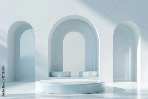 Product display background with arches and round table