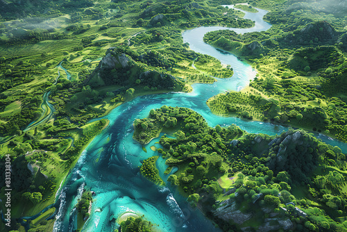Aerial view of river flowing through lush green valley