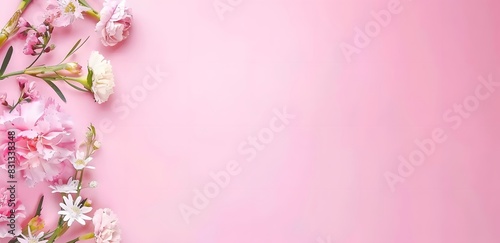 Pastel Pink Background with Spring Flowers Border