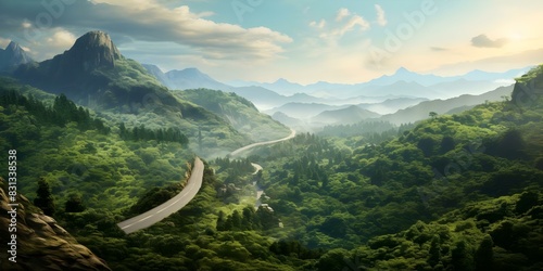 Mountain road disappears into distance winding through dense forests and rocky slopes. Concept nature, landscape, mountains, road trip, adventure