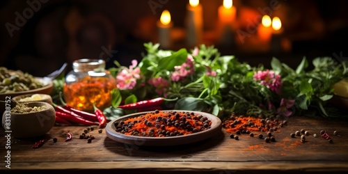 Wooden table with fiery accents showcasing spicy food. Concept Food Photography  Fiery Accents  Spicy Dishes  Wooden Table  Vibrant Colors