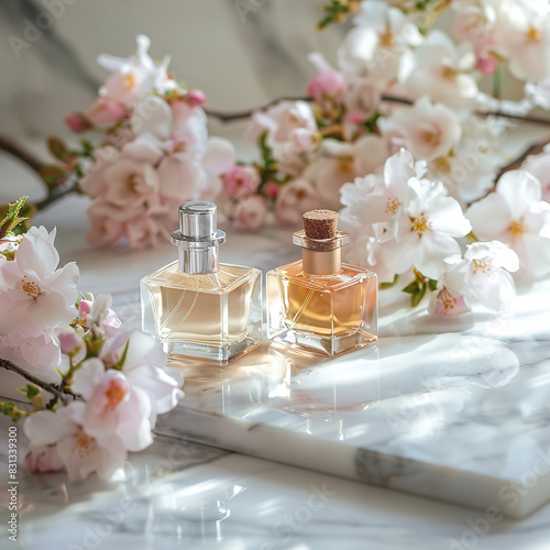 Elegant perfume bottles on table