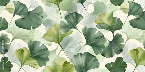 Seamless Pattern of Green Ginkgo Leaves on White Background