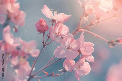 Delicate cherry blossom branches basked in a warm  ethereal glow